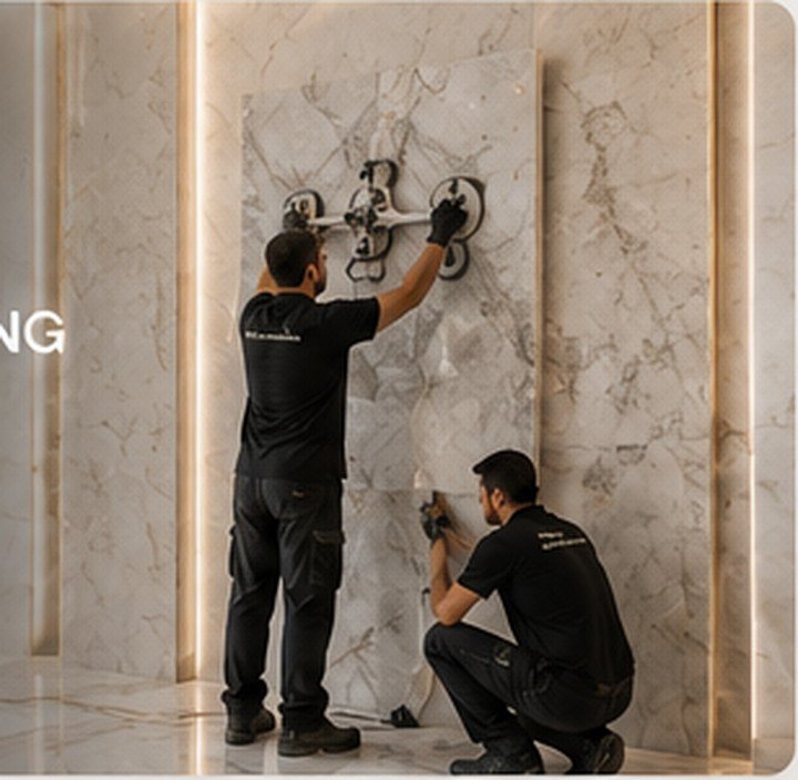 Professional installers aligning marble wall cladding with suction lifting equipment