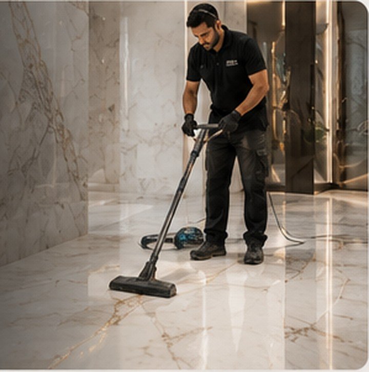 Professional marble cleaner deep-cleaning a polished marble floor
