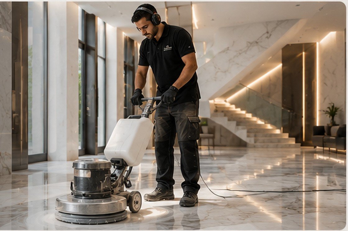 Professional technician operating a marble floor polishing machine in a luxury Dubai interior