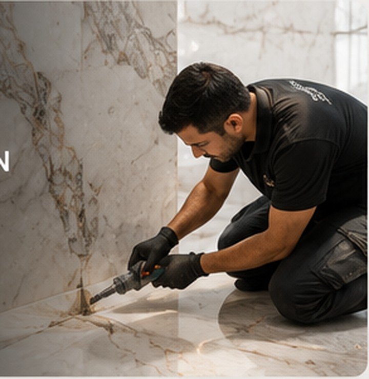 Marble craftsman repairing and hand-finishing damaged natural marble